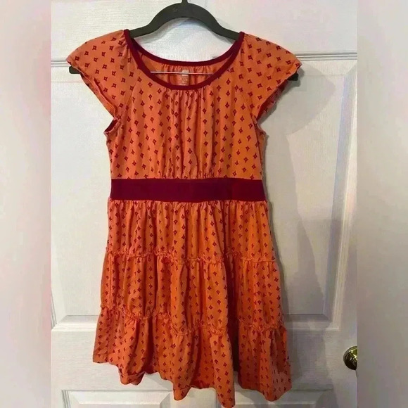 Tea Collection Print 100% Cotton Dress Orange with Pink Geometric Design Girls 8 - Picture 1 of 5